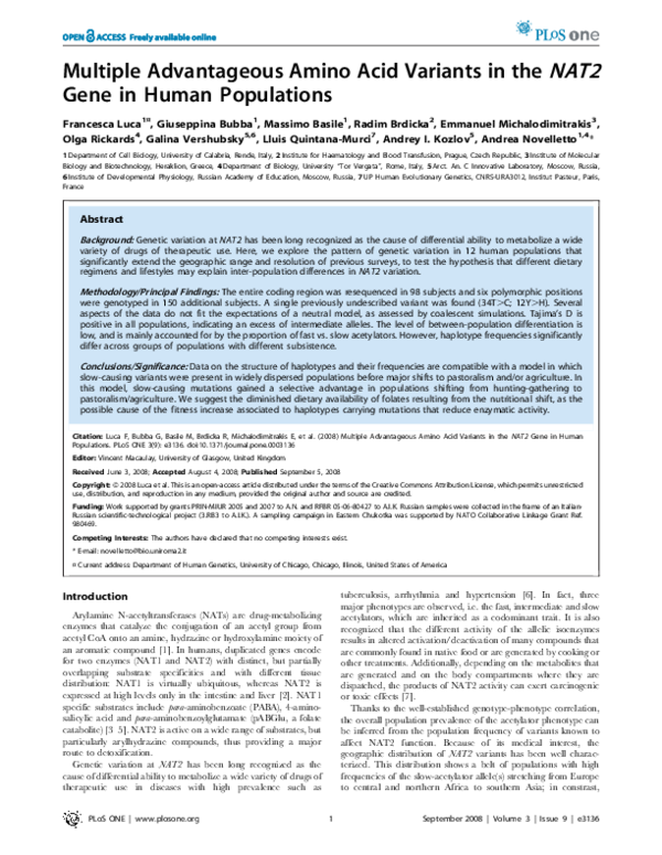 (PDF) Multiple Advantageous Amino Acid Variants in the NAT2 Gene in ...