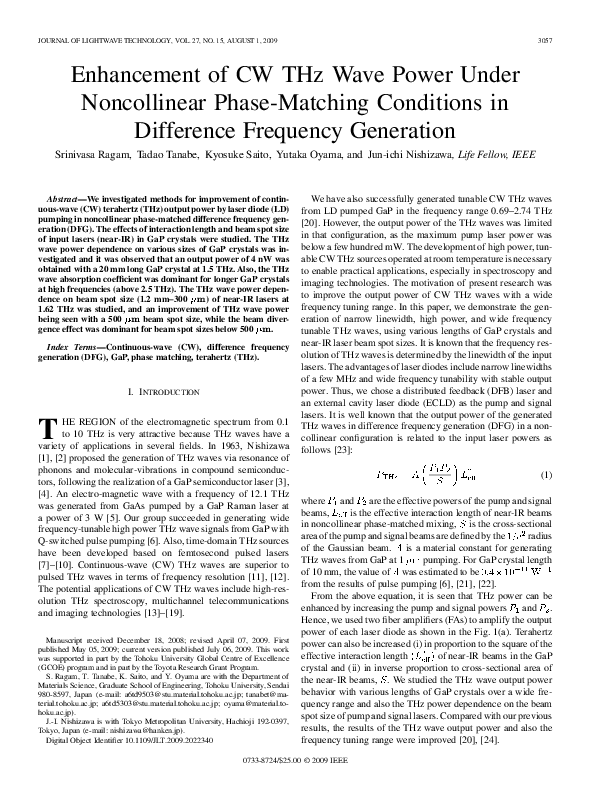 (PDF) Enhancement of CW THz Wave Power Under Noncollinear Phase ...