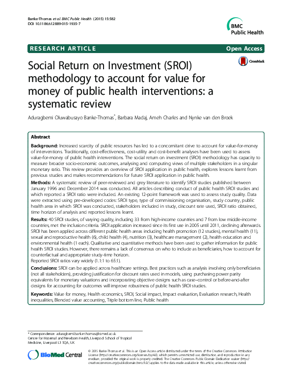 (PDF) Social Return on Investment (SROI) methodology to account for value for money of public