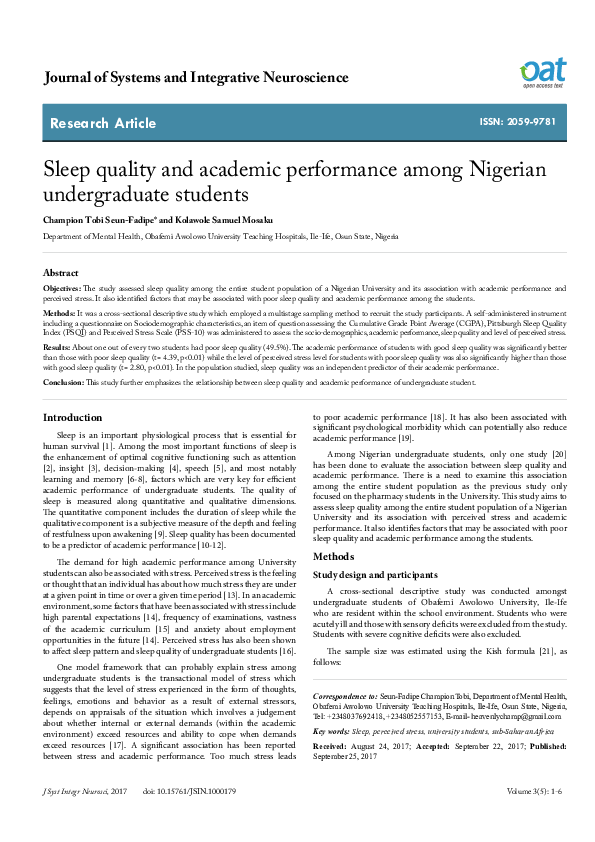 (PDF) Sleep quality and academic performance among Nigerian ...