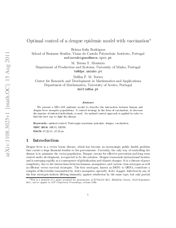 (PDF) Optimal Control of a Dengue Epidemic Model with Vaccination