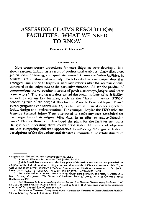 (PDF) Assessing Claims Resolution Facilities: What We Need to Know