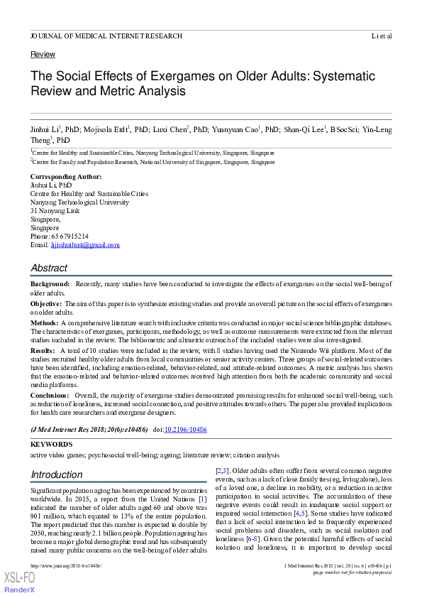 (PDF) The Social Effects of Exergames on Older Adults: Systematic ...