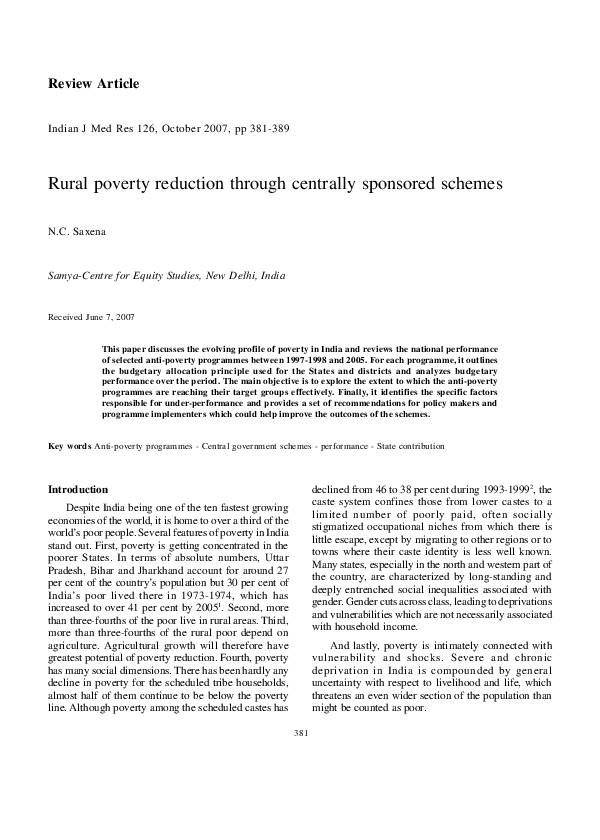 (PDF) Rural poverty reduction through centrally sponsored schemes