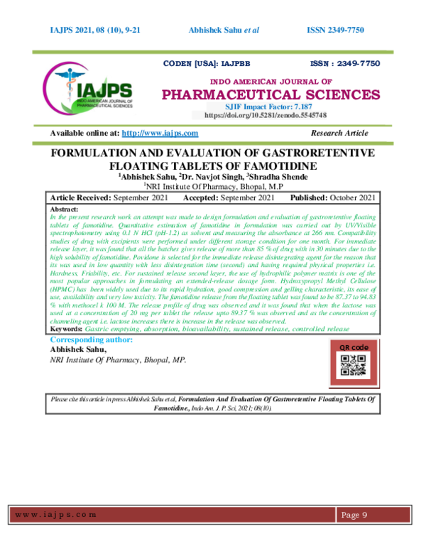 (PDF) FORMULATION AND EVALUATION OF GASTRORETENTIVE FLOATING TABLETS OF