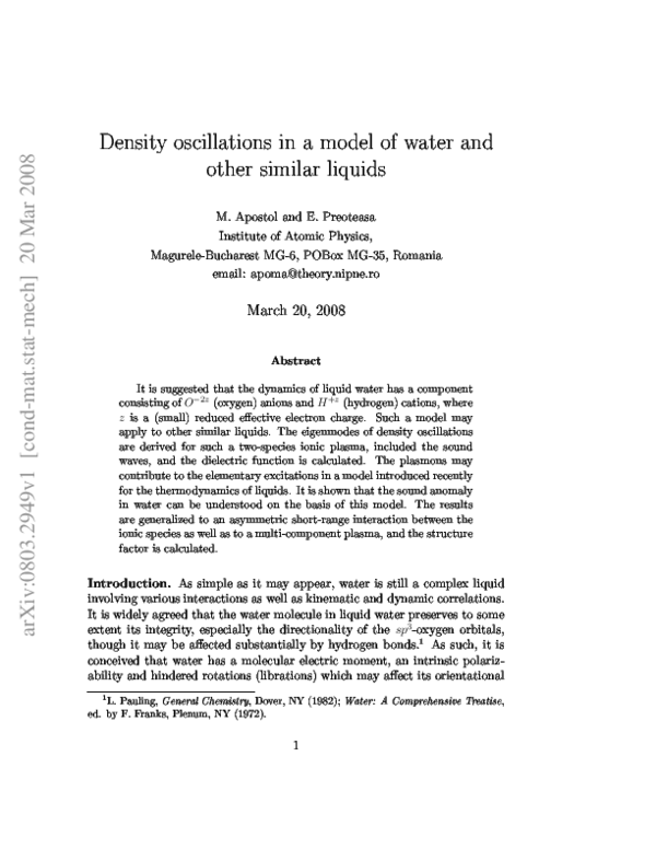 (PDF) Density oscillations in a model of water and other similar liquids