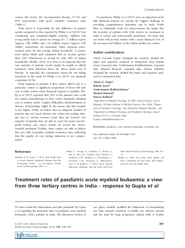 (PDF) Treatment rates of paediatric acute myeloid leukaemia: a view ...