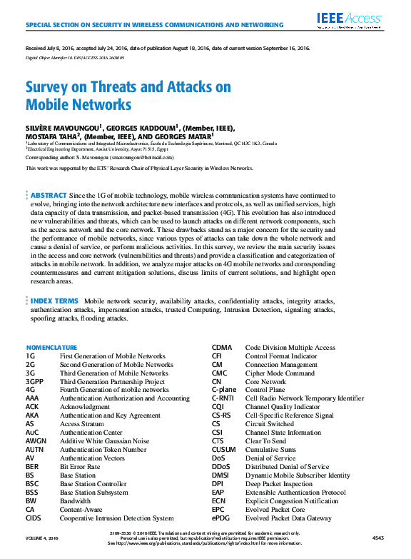 (PDF) Survey on Threats and Attacks on Mobile Networks