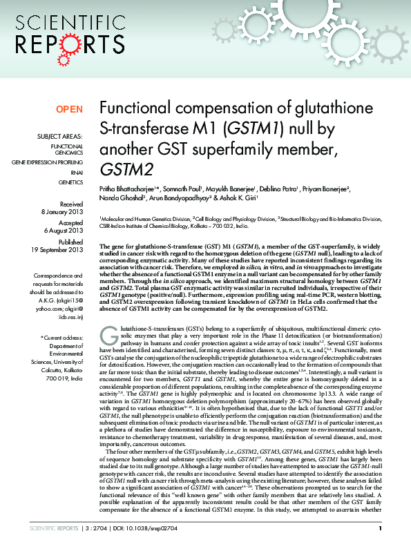 glutathione gstm1 PDF) Functional compensation of S-transferase M1 (GSTM1) null by another GST superfamily member, GSTM2 Xantox Glo Plus Tablet