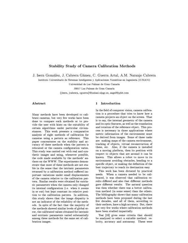 (PDF) Stability study of camera calibration methods