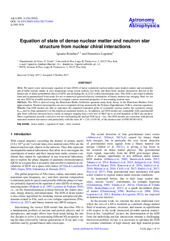 (PDF) Equation of state of dense nuclear matter and neutron star ...