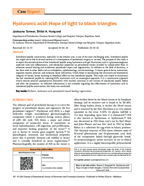 (PDF) Hyaluronic acid Hope of light to black triangles DR JYOTSANA