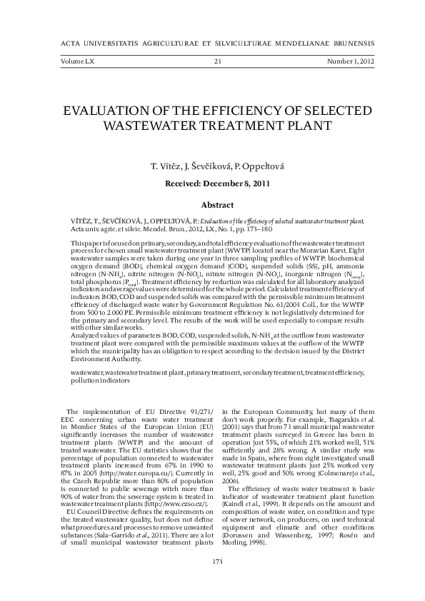 (PDF) Evaluation of the efficiency of selected wastewater treatment plant