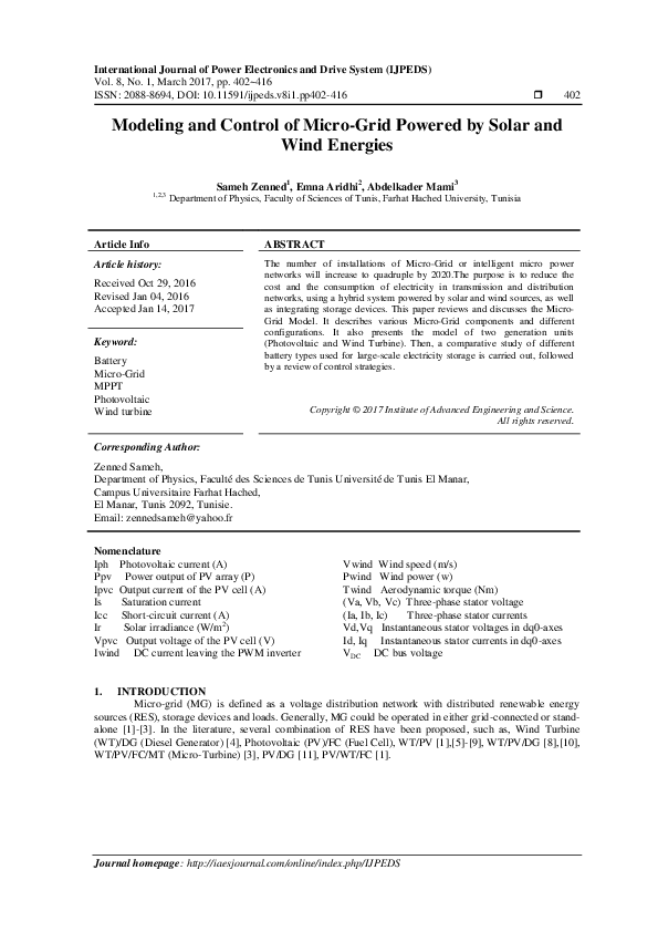 (PDF) Modeling and Control of Micro-Grid Powered by Solar and Wind Energies