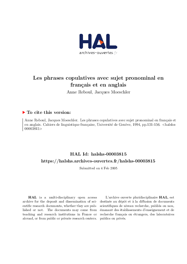 (PDF) Les phrases copulatives avec sujet pronominal en français et en ...