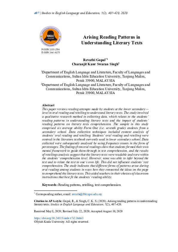 (PDF) Arising reading patterns in understanding literary texts