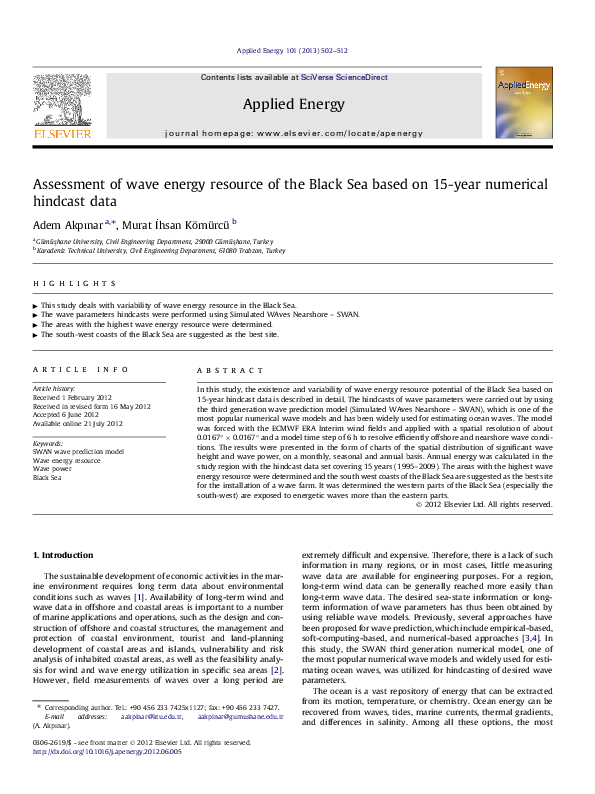 (PDF) Assessment of wave energy resource of the Black Sea based on 15 ...