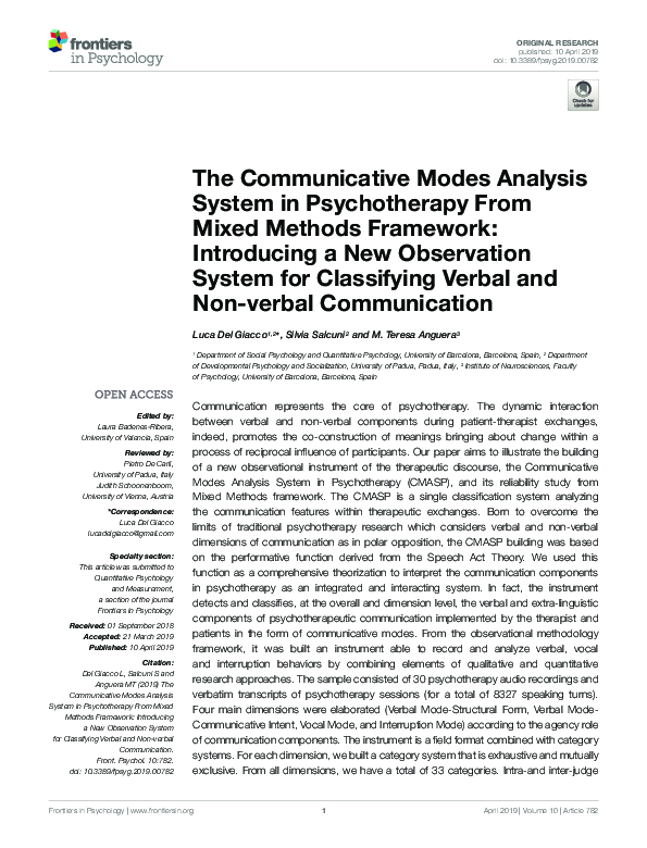 (PDF) The Communicative Modes Analysis System in Psychotherapy From ...