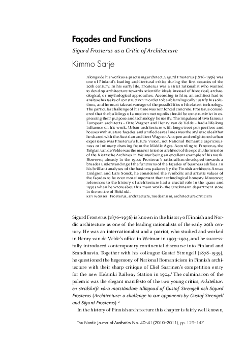 (PDF) Façades and Functions Sigurd Frosterus as a Critic of
