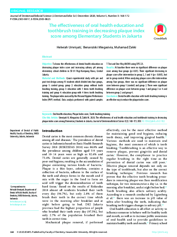 (PDF) The effectiveness of oral health education and toothbrush ...
