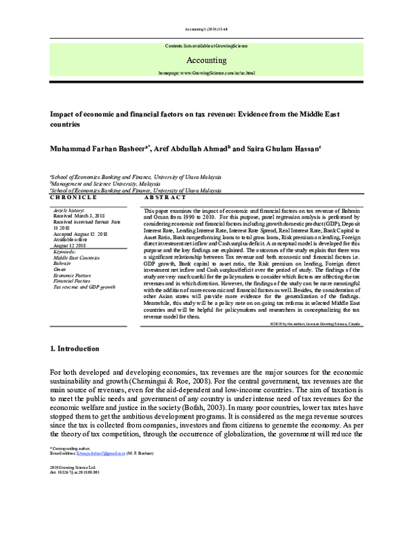 (PDF) Impact of economic and financial factors on tax revenue: Evidence ...