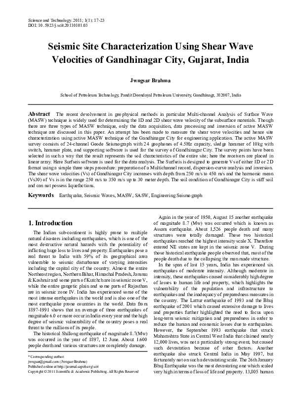 (PDF) Seismic Site Characterization Using Shear Wave Velocities of ...