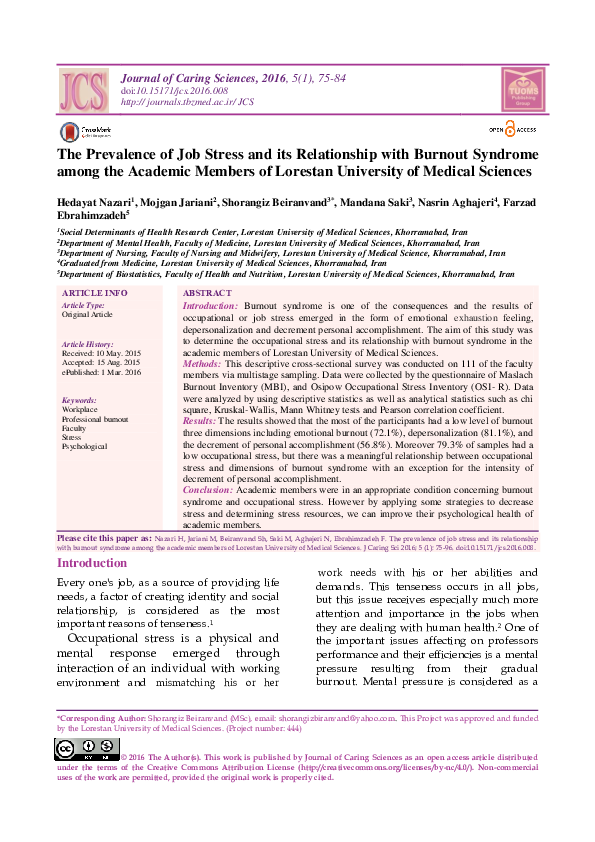 (PDF) The Prevalence of Job Stress and its Relationship with Burnout ...