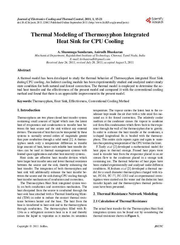 (PDF) Thermal Modeling of Thermosyphon Integrated Heat Sink for CPU Cooling