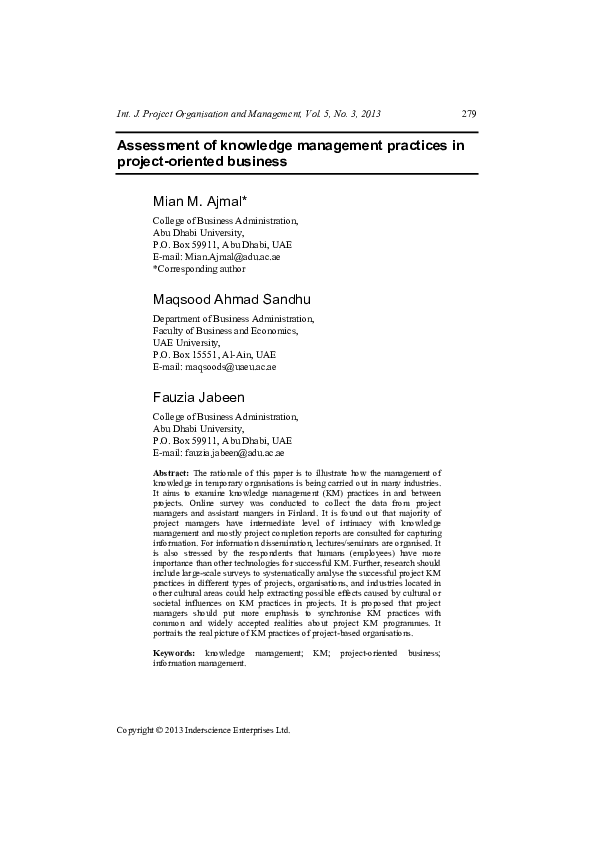 (PDF) Assessment of knowledge management practices in project-oriented ...