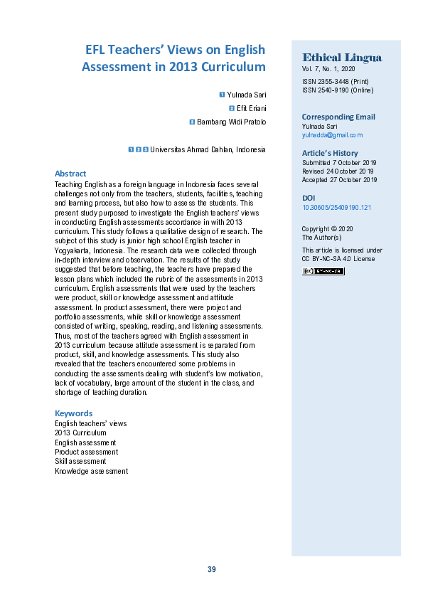 (PDF) EFL Teachers’ Views on English Assessment in 2013 Curriculum