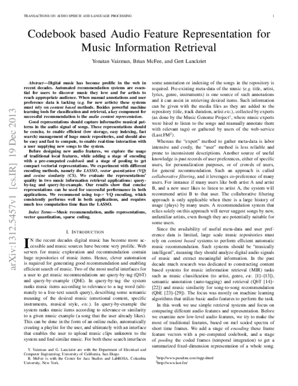 (PDF) Codebook-Based Audio Feature Representation for Music Information ...