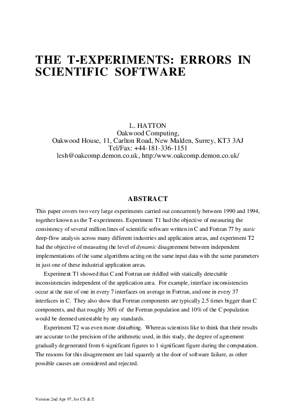 (PDF) The T experiments: errors in scientific software