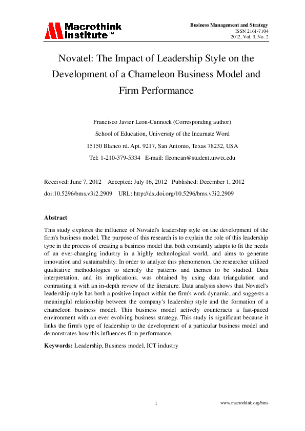 (PDF) Novatel: The Impact of Leadership Style on the Development of a ...