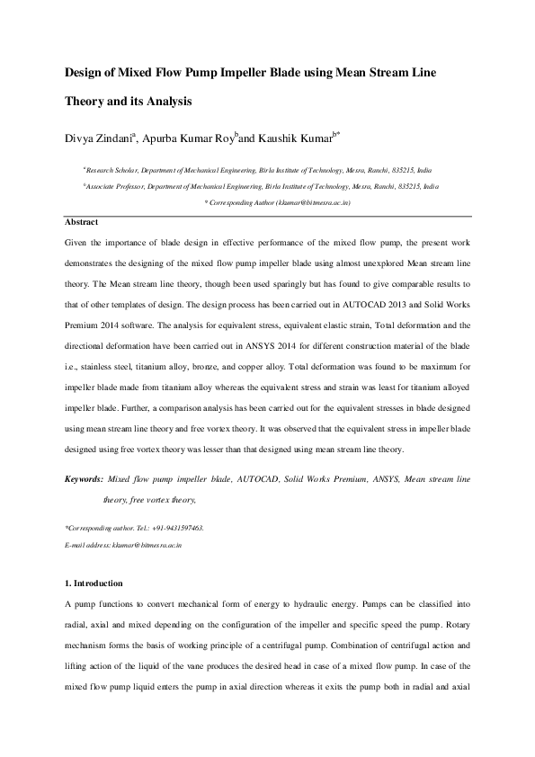 (PDF) Design of Mixed Flow Pump Impeller Blade using Mean Stream Line ...