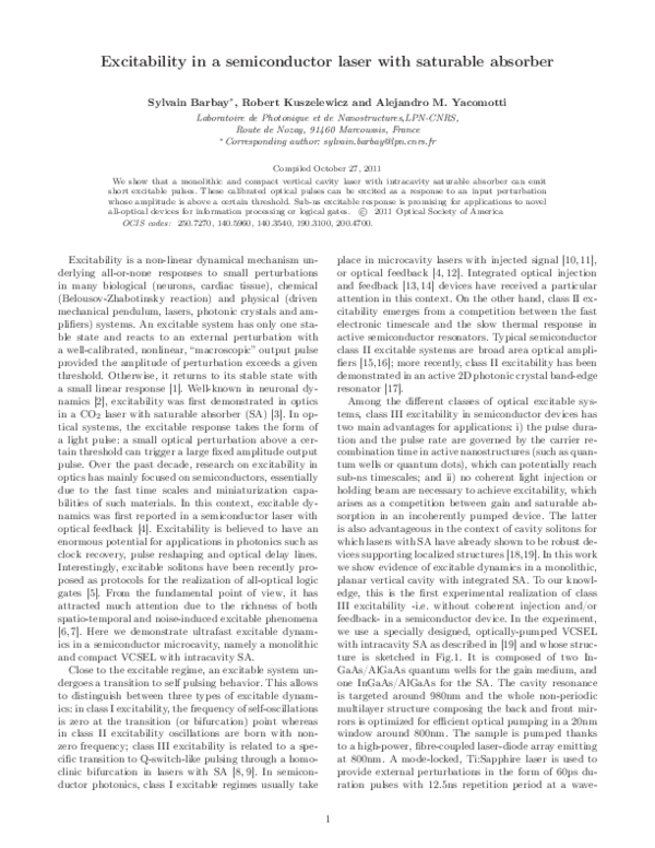 (PDF) Excitability in a semiconductor laser with saturable absorber