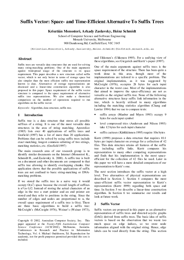 (PDF) Suffix vector: space- and time-efficient alternative to suffix trees