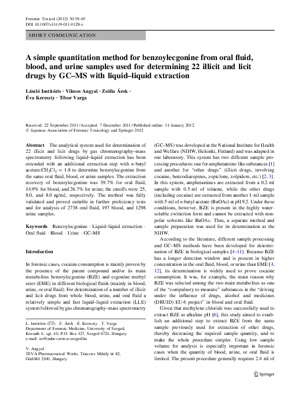 (PDF) A simple quantitation method for benzoylecgonine from oral fluid, blood, and urine samples