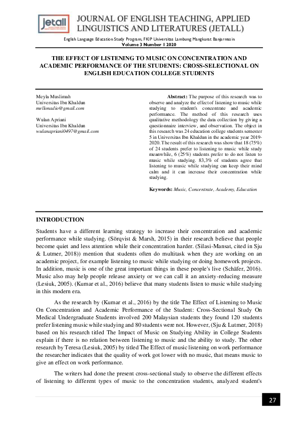 (PDF) The Effect of Listening to Music on Concentration and Academic ...