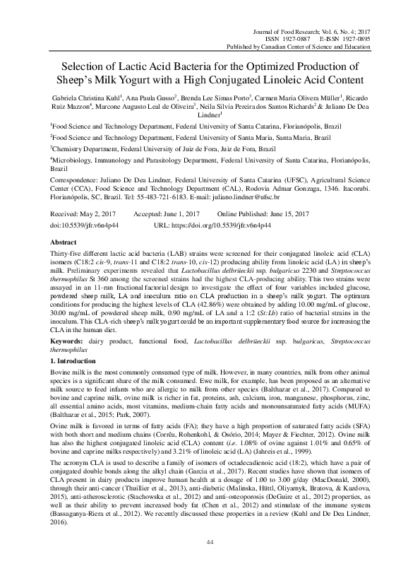 (PDF) Selection of Lactic Acid Bacteria for the Optimized Production of