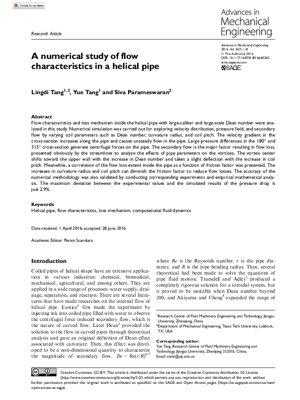 (PDF) A numerical study of flow characteristics in a helical pipe