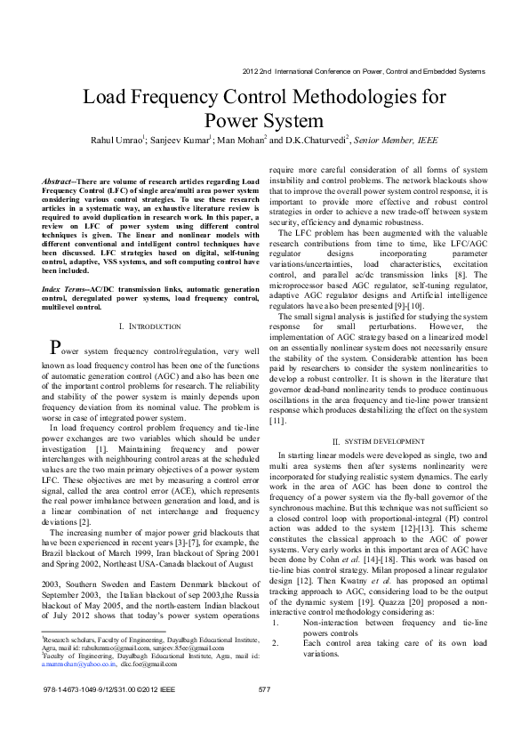 (PDF) Load Frequency Control methodologies for power system rahul
