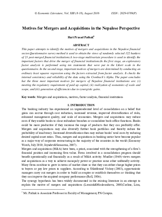 (PDF) Motives for Mergers and Acquisitions in the Nepalese Perspective