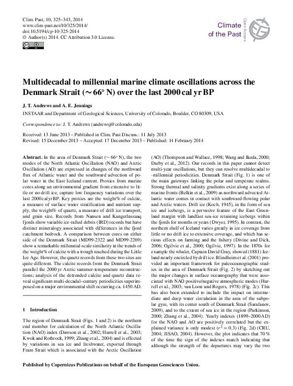 Multi-decadal to-century NAO-like marine climate oscillations across the Denmark Strait (~66° N) over the last 2000 cal yr BP