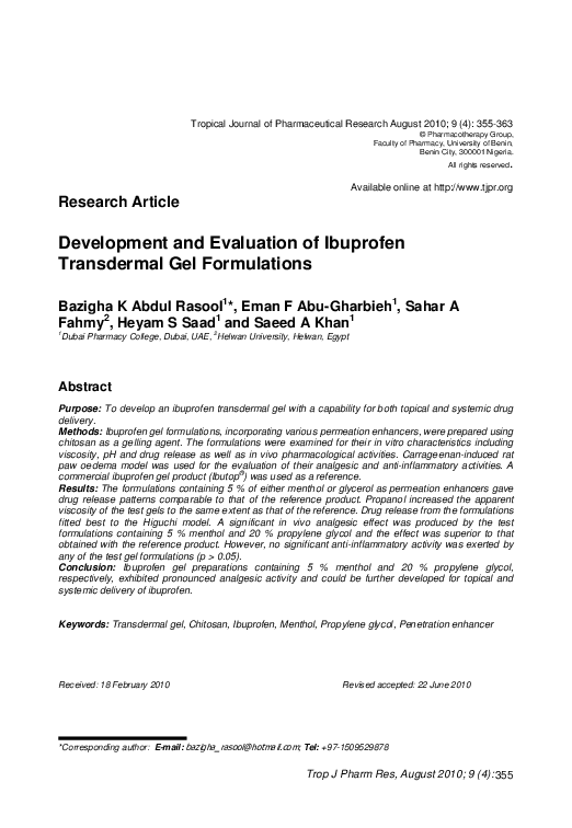 (PDF) Development and evaluation of ibuprofen transdermal gel formulations