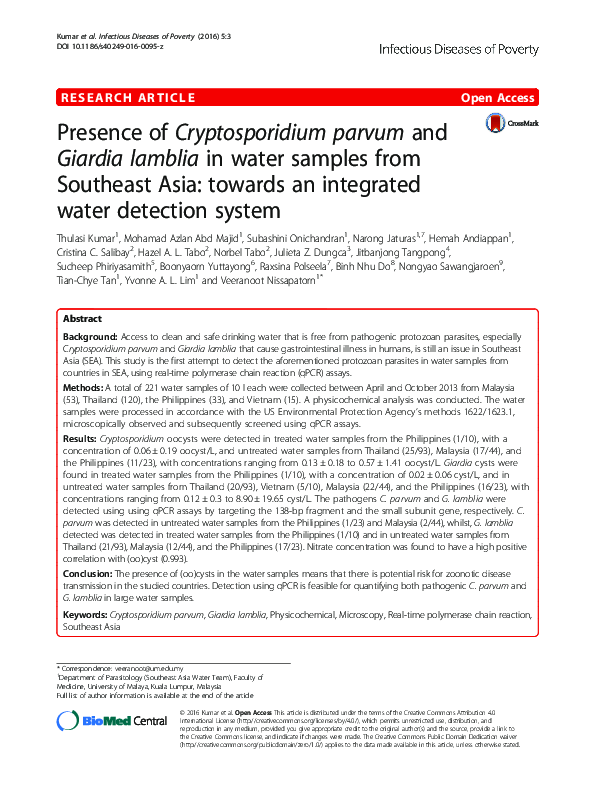 (PDF) Presence of Cryptosporidium parvum and Giardia lamblia in water ...