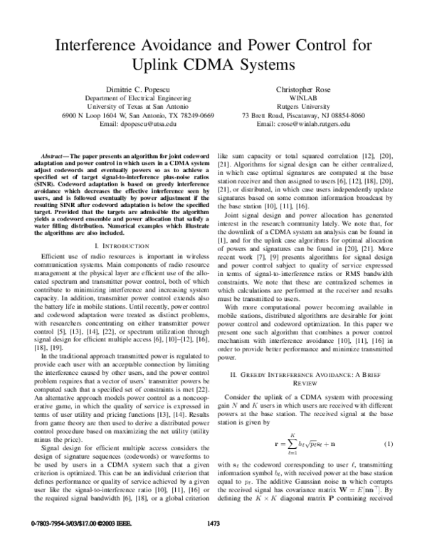 (PDF) Interference avoidance and power control for uplink CDMA systems
