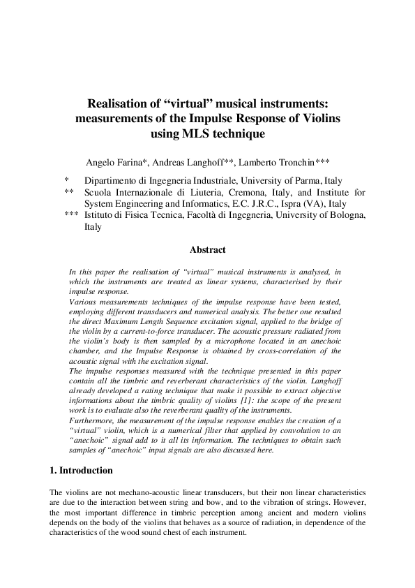 (PDF) Realisation of “virtual” musical instruments measurements of the