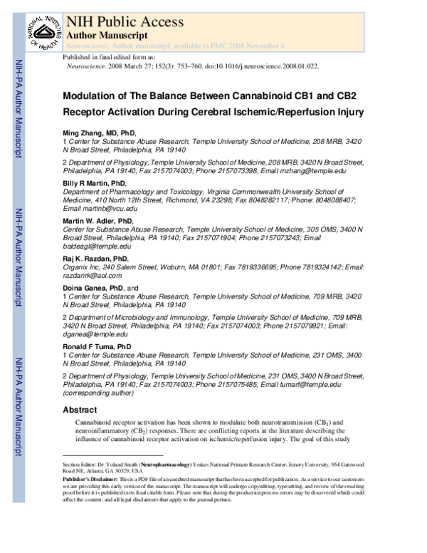 (PDF) Modulation of the balance between cannabinoid CB1 and CB2 ...