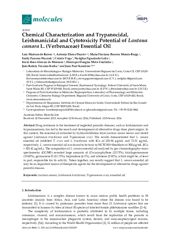 (PDF) Chemical Characterization and Trypanocidal, Leishmanicidal and ...