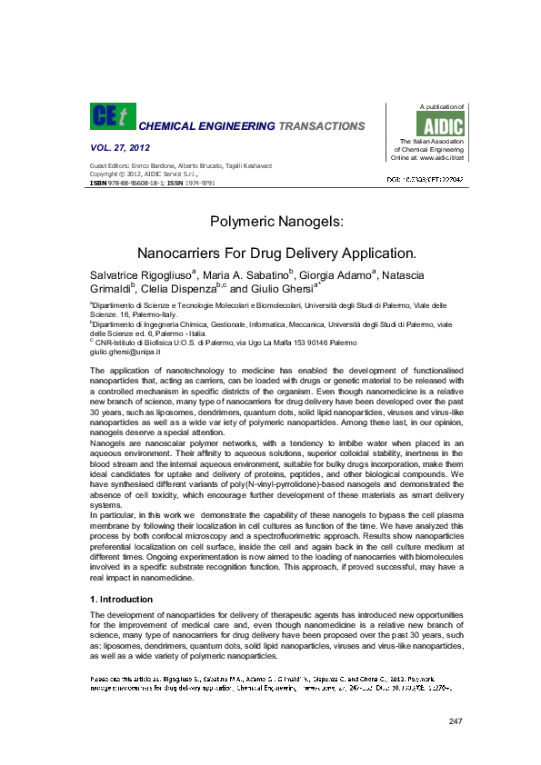 (PDF) Polymeric Nanogels: Nanocarriers For Drug Delivery Application